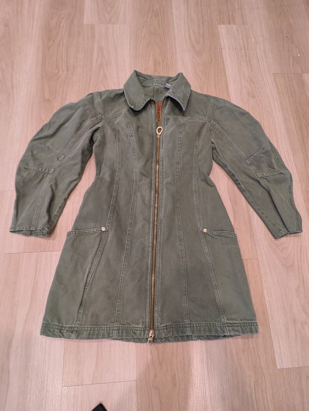 Cult Gaia Barrel Sleeve Olive Denim Structured Mini Dress Size S